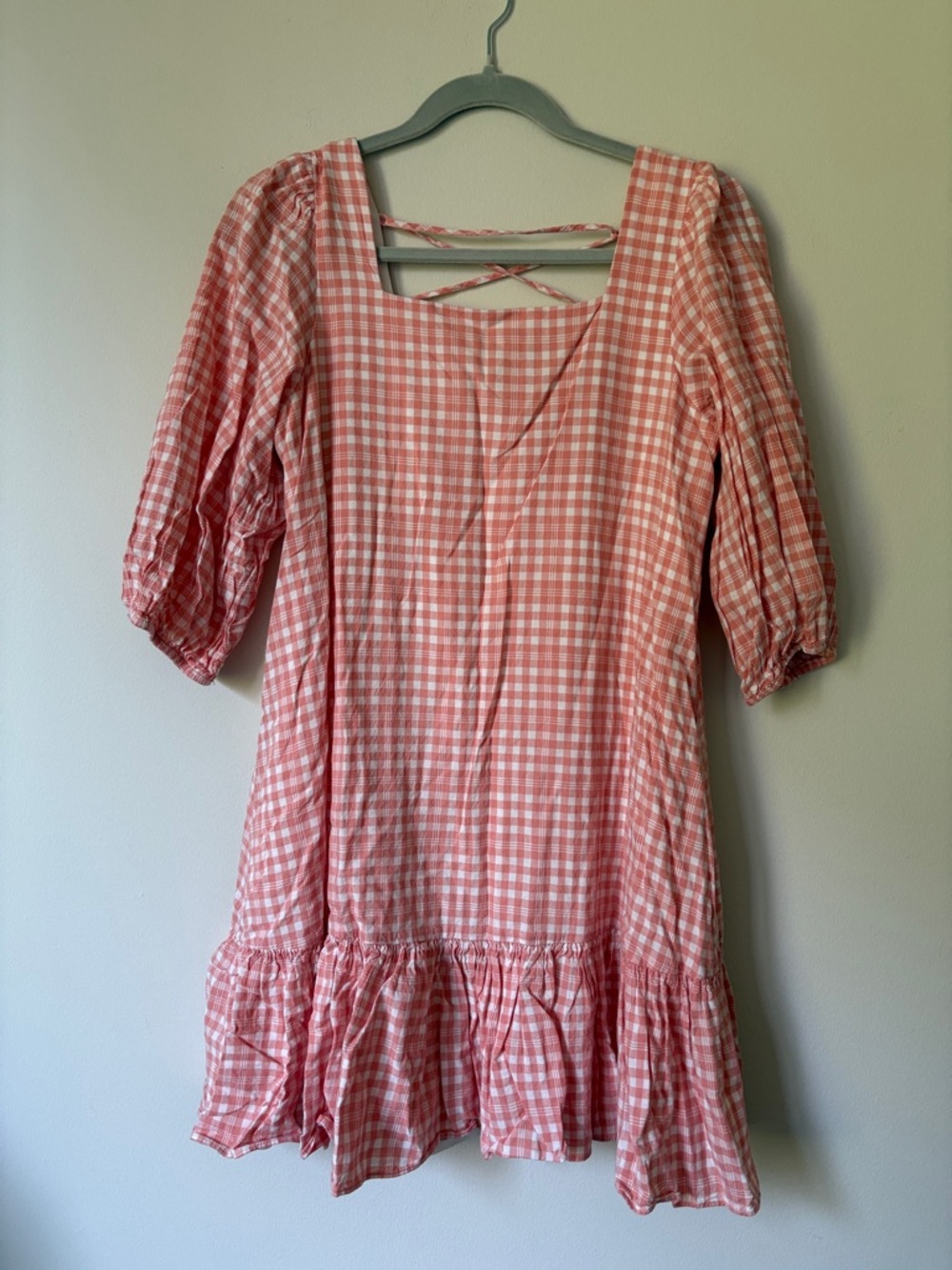 Pink Gingham Square Neck Dress with Puff Sleeves